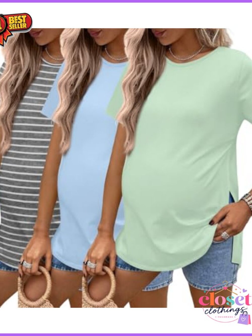 3 Pack Maternity Short Sleeve T-Shirts - Soft Stretchy Polyester Blend